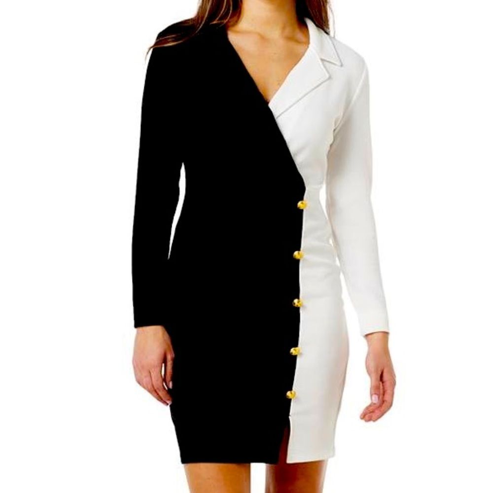 Almost Famous Juniors Black White Colorblock Bodycon Dress Gold Buttons Size M - Picture 2 of 4